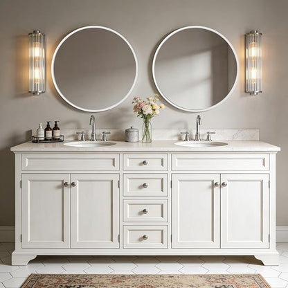 Round Wood Mirror 28 inch Circle Wall Mirror for Bathroom Round Wall Mirror for Wall Decor, Vanity, Entryway Living Room (White)
