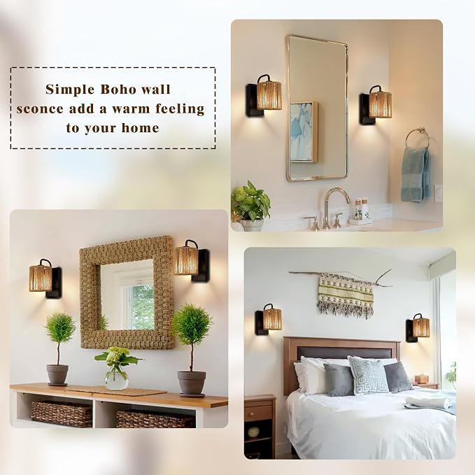 Boho Wall Sconce Rattan Wall Light Fixtures Hemp Rope Sconces | 10 inch Rattan Sconces for Bedroom Living Room Bathroom Hallway Rustic Bohemian Modern Woven Sconce E26