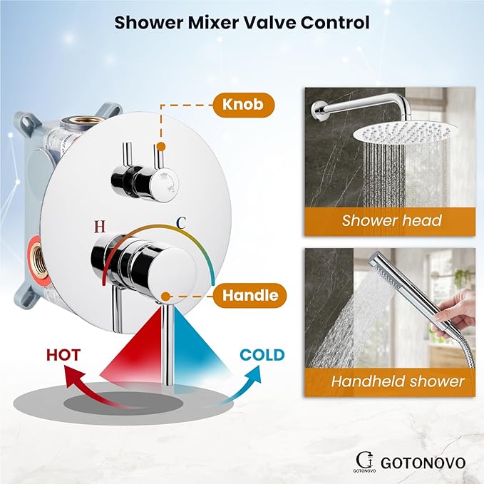 gotonovo Shower System 10 Inch Round Rainfall Showerhead Wall Mounted High Pressure Shower Faucet Set Fixture Combo with Rough in Valve and Cylindrical Handheld Spray, Polish Chrome