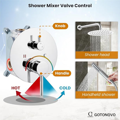 gotonovo Shower System 10 Inch Round Rainfall Showerhead Wall Mounted High Pressure Shower Faucet Set Fixture Combo with Rough in Valve and Cylindrical Handheld Spray, Polish Chrome