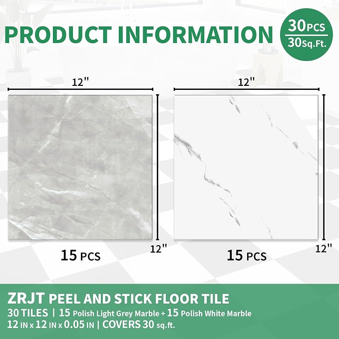 30-Pack 30 Sq.Ft Peel and Stick Floor Tiles Vinyl Matte Pattern Flooring, 12” x 12” Self Adhesive Vinyl Flooring DIY for Kitchen, Bathroom, Laundry, Light Grey&White Marble