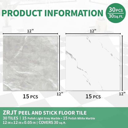 30-Pack 30 Sq.Ft Peel and Stick Floor Tiles Vinyl Matte Pattern Flooring, 12” x 12” Self Adhesive Vinyl Flooring DIY for Kitchen, Bathroom, Laundry, Light Grey&White Marble