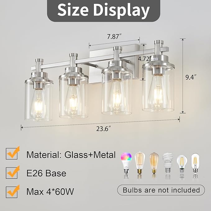 Brushed Nickel Bathroom Lighting Fixtures Over Mirror, 4-Light Bathroom Vanity Light Fixtures, Wall Sconce Lighting Modern Wall Light with Clear Glass Shade, Bathroom Wall Lamp for Hallway