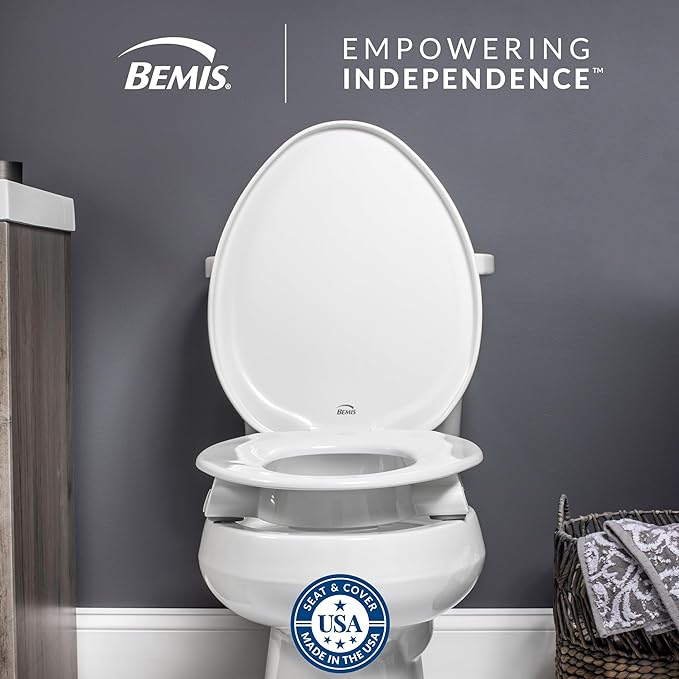 Bemis Assurance 3" Raised Toilet Seat for Seniors, Made in USA, Secure Hinges, Clean Shield Guard, Elongated, White