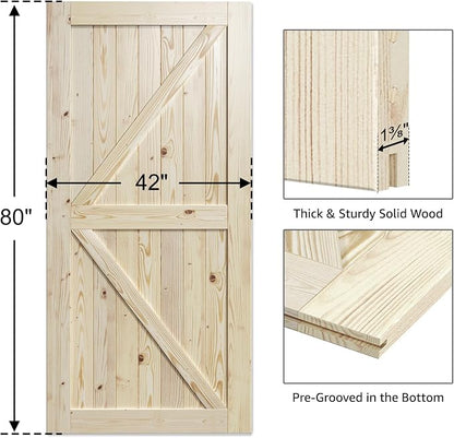 SmartStandard 42in x 80in Sliding Barn Wood Door Pre-Drilled Ready to Assemble, DIY Unfinished Solid Spruce Wood Panelled Slab, Interior Single Door Only, Natural, K-Frame (Fit 7FT-8FT Rail) | Pre-Drilled Ready to Assemble, DIY Unfinished Solid Spruce ...