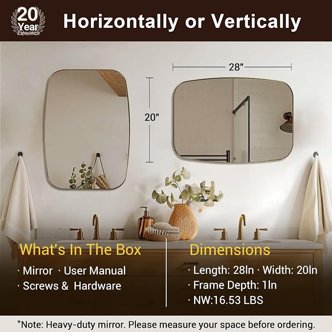 Oval Mirrors for Bathroom, 20x28 Gold Bathroom Vanity Mirror with Metal Frame, Brass Oblong Mirror for Over Sink, Modern Anti Rust Wall Mounted