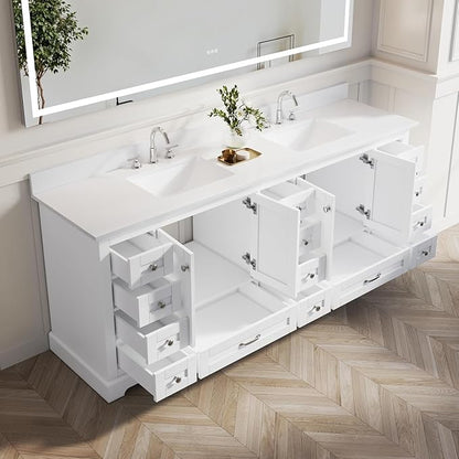 WELLFOR 84 Inch Bathroom Vanity with Double Sinks, Bathroom Freestanding Vanity W/4 Soft-Close Doors and 14 Drawers, Large Storage Space Vanity, Engineered Stone Countertop Vanities, White