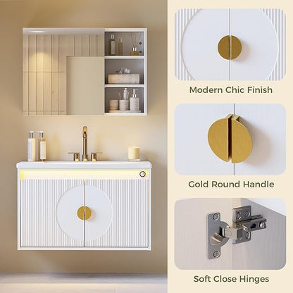 IRONCK Floating Bathroom Vanity with Sink, Mirror Medicine Cabinet, LED Strip Light, 30 Inches Modern Wall Mounted Sink Cabinets & Mirror Cabinets Set with Large Storage Space, White