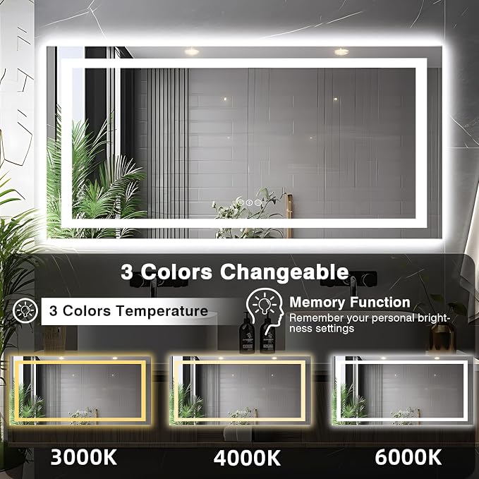 EchosLife 72"x36" Bathroom Mirror with Lights | Backlit + Front Lit, Anti-Fog, Stepless Dimmable, 3 Colors, Memory, Tempered Glass, UL Listed, Horizontal/Vertical
