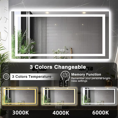 EchosLife 72"x36" Bathroom Mirror with Lights | Backlit + Front Lit, Anti-Fog, Stepless Dimmable, 3 Colors, Memory, Tempered Glass, UL Listed, Horizontal/Vertical
