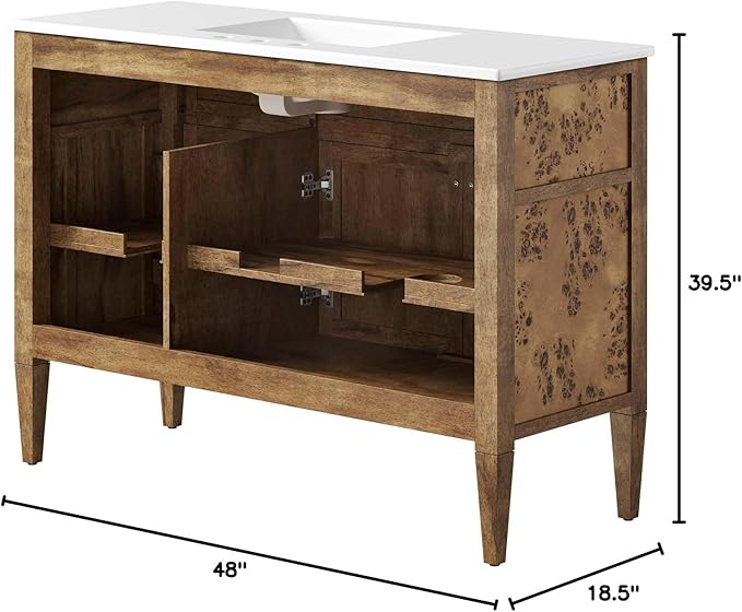 Modway Elysian 48" Burl Wood Double Bathroom Vanity in White Brown with Ceramic Sink Basin