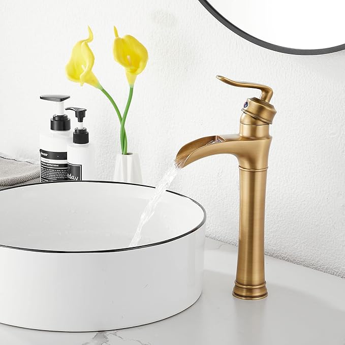 Antique Brass Waterfall Bathroom Faucet GGStudy Single Handle One Hole Farmhouse Bathroom Vessel Sink Faucet Matching with Pop Up Drain