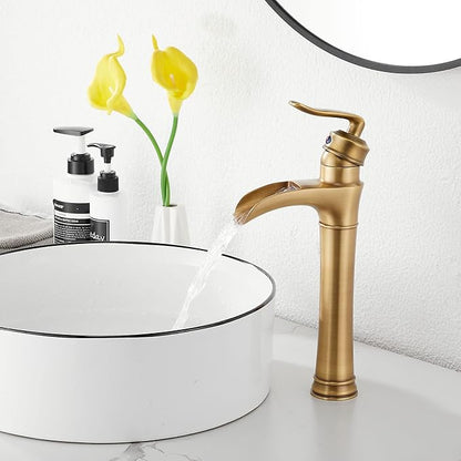 Antique Brass Waterfall Bathroom Faucet GGStudy Single Handle One Hole Farmhouse Bathroom Vessel Sink Faucet Matching with Pop Up Drain