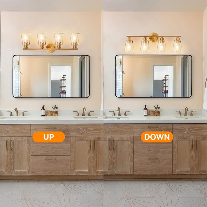 TALOYA 27 Inch Brushed Gold Bathroom Light Fixtures with Thickend Clear Tapered Glass Shade, 4-Light Modern Vanity Light Over Mirror for Bathrooms, Bedrooms (Bulbs Not Included)