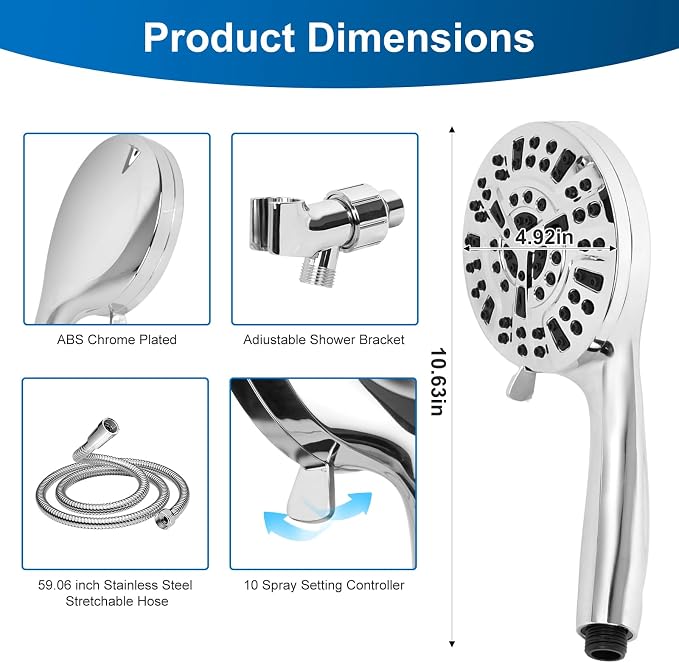 Shower Head,10 mode High Pressure shower head with handheld, Anti-clog Nozzles, Built-in 2 Power Wash to Clean Tub, Tile & Pets, High Flow Hand Held Shower Head, Leakproof 59 Inch Hose&Metal Bracket