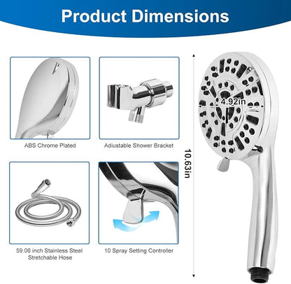 Shower Head,10 mode High Pressure shower head with handheld, Anti-clog Nozzles, Built-in 2 Power Wash to Clean Tub, Tile & Pets, High Flow Hand Held Shower Head, Leakproof 59 Inch Hose&Metal Bracket