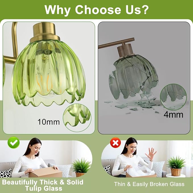 Bathroom Light Fixtures (3-Light, 20 Inch), Brushed Gold Vanity Lights for Bathroom with Ribbed Green Tulip Glass Shade, Vintage Vanity Wall Lights for Mirror Bedroom Living Room Hallway
