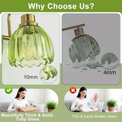 Bathroom Light Fixtures (3-Light, 20 Inch), Brushed Gold Vanity Lights for Bathroom with Ribbed Green Tulip Glass Shade, Vintage Vanity Wall Lights for Mirror Bedroom Living Room Hallway