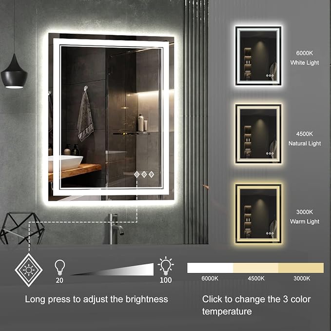 LED Bathroom Mirror, 24x32 Inch Vanity Mirror with Lights | Gradient Front and Backlit Bathroom Mirror with Lights, 3 Colors Dimmable CRI>90, IP54 Enhanced Anti-Fog, Hanging Plates
