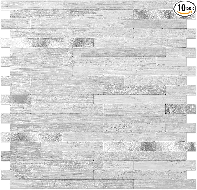 DICOFUN 10-Sheet Peel and Stick Backsplash Tile, White Birch PVC Mixed Metal Stick on Backsplash Tiles for Kitchen, 9.4 sq.ft