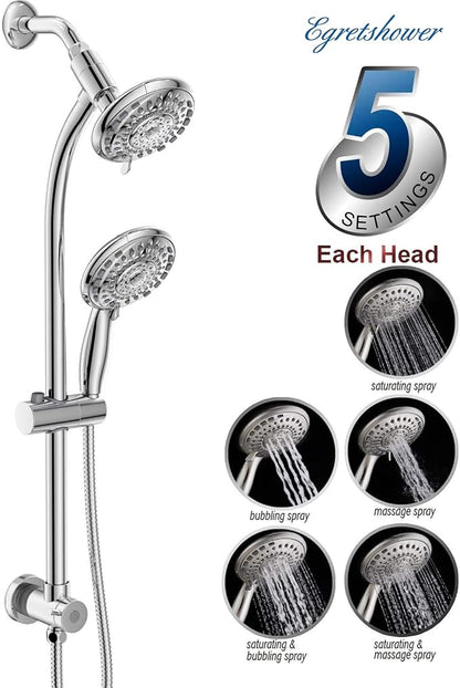 Handheld Showerhead & Rain Shower Combo for Easy Reach, 27.5" Drill-free Stainless Steel Slide Bar, 5”of 5-setting Handheld Shower and Showerhead, with 5ft Hose - Polished Chrome