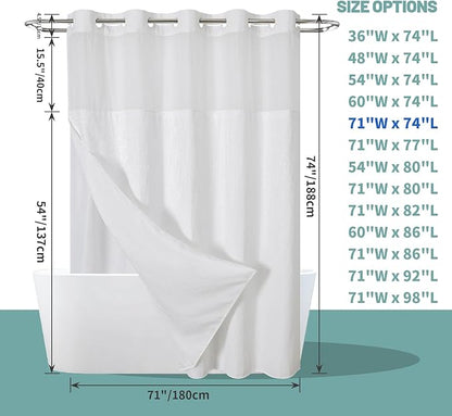 eachope No Hook Waffle Shower Curtain with Snap-in Liner, 71x74 Inch, White | 230 GSM waffle weave fabric, waterproof liner set with 2 bottom magnets, mesh top window, washable, for bathroom or hotel use