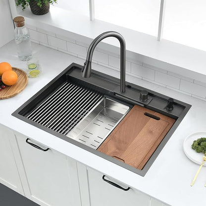 30 inch Black Drop in Kitchen Sink Workstation with Waterfall Faucet Combo -VOKIM 30x22 Drop in sink Workstation 16 Gauge Stainless Steel Single Bowl topmount Kitchen Sink with Waterfall Faucet