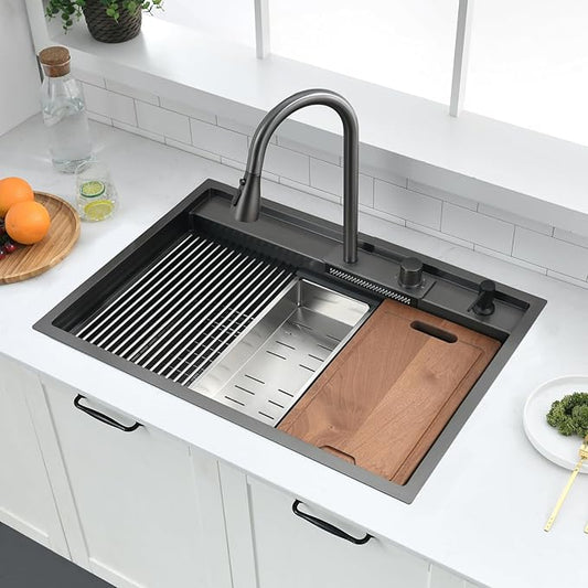30 inch Black Drop in Kitchen Sink Workstation with Waterfall Faucet Combo -VOKIM 30x22 Drop in sink Workstation 16 Gauge Stainless Steel Single Bowl topmount Kitchen Sink with Waterfall Faucet