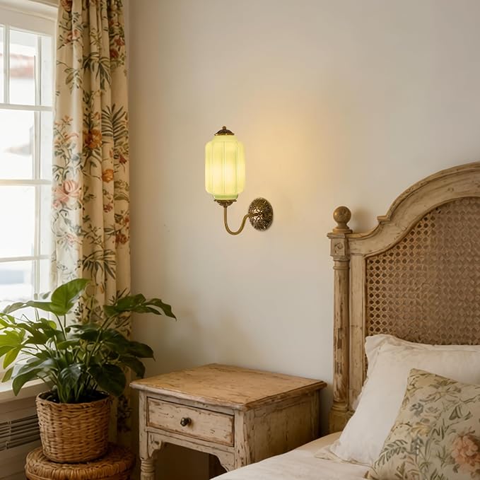 Vintage Milk Glass Wall Sconce, H15" Hardwired Green Glass Sconce with Gold Carved Metal, Antique Bronze Retro Wall Lamp for Bedroom, Bathroom, Living Room, Hallway, E12 Bulb Warm Light (Green 1Pack)