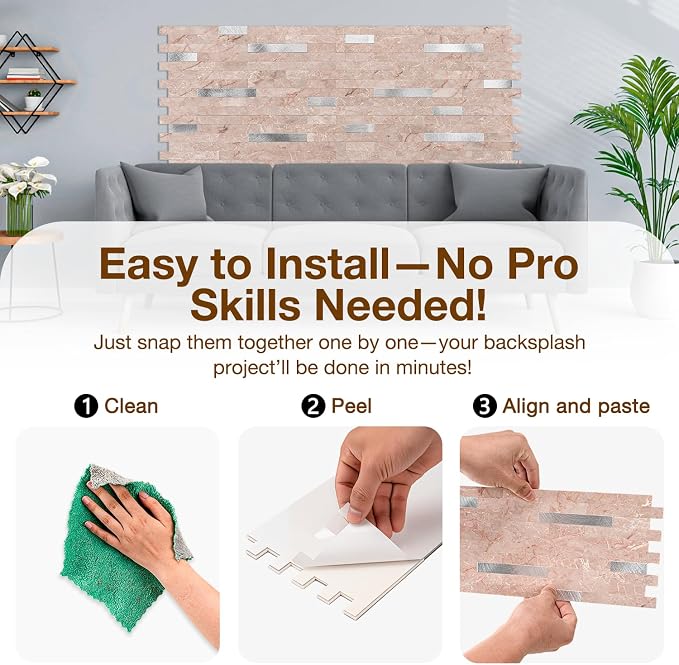 Peel and Stick Backsplash Tile Waterproof Removable PVC Wall Sticker 3D Faux Stone Marble Brick White Accent Panels (Pink Marble - Metal Silver, 40 Tiles - 18 sq. ft. (1.68 m²))