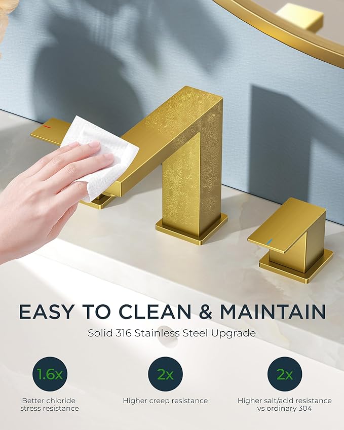 FORIOUS Gold Bathroom Faucet 3 Hole, Square 2 Handle 8 in Widespread Brushed Gold Bathroom Sink Faucet 3 Hole with Metal Drain, 24" CUPC Supply Lines and Spare Aerator, Vanity Sink Remodel