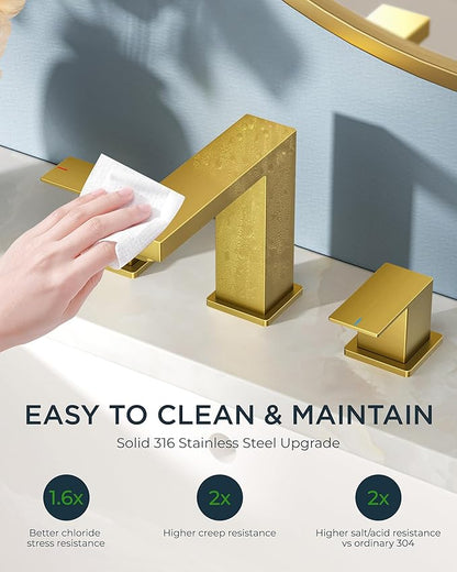 FORIOUS Gold Bathroom Faucet 3 Hole, Square 2 Handle 8 in Widespread Brushed Gold Bathroom Sink Faucet 3 Hole with Metal Drain, 24" CUPC Supply Lines and Spare Aerator, Vanity Sink Remodel