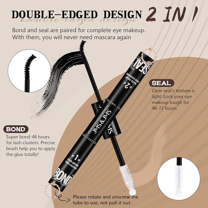 JMS&JMS Lash Bond and Seal Waterproof Lash Cluster Glue, 5ml+5ml Set | 2in1 Glue and Seal Double Hold Power! Latex-Free for Sensitive Eyes, Waterproof to All Day. Black Glue Easy to Apply