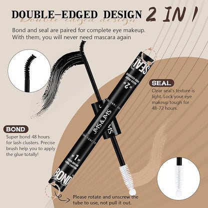 JMS&JMS Lash Bond and Seal Waterproof Lash Cluster Glue, 5ml+5ml Set | 2in1 Glue and Seal Double Hold Power! Latex-Free for Sensitive Eyes, Waterproof to All Day. Black Glue Easy to Apply