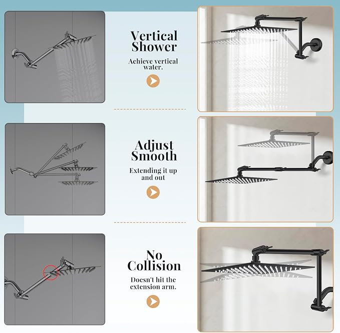 12" Black Rain Shower Head with Handheld Spray and 16" Extension Arm | High Pressure with Flexible Adjustment of Height/ Angle Upgraded Arm and 5 Setting Handheld Shower Head with Hose, Anti-leak