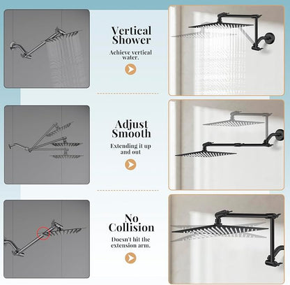12" Black Rain Shower Head with Handheld Spray and 16" Extension Arm | High Pressure with Flexible Adjustment of Height/ Angle Upgraded Arm and 5 Setting Handheld Shower Head with Hose, Anti-leak