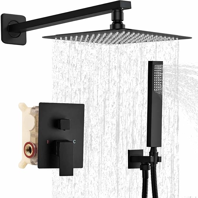 12 Inch Shower Faucet Set,Matte Black Shower System With Handheld | Square Shower Head with Shower Trim Kit And Handheld Shower Valve,Multi-function Rainfall,Rain Shower & Handheld Spray Combo