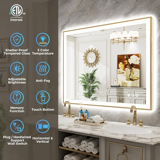 48x40 Inch LED Bathroom Mirror with Lights (Front Lit and Backlit) Gold Framed Lighted Vanity Mirror for Bathroom Wall Dimmable Anti-Fog Memory Tempered Glass Horizontal/Vertical