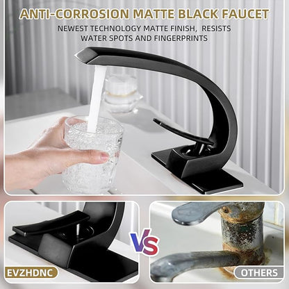 Matte Black Bathroom Sink Vanity Elegance Swan Faucet for 1 Hole with 6-Inch 3 Hole Deckplate,Rikaziya Bathroom Fixtures Basin Mixer Faucets Centerset with 9/16" Supply Hose and to 1/2" Adapter Combo