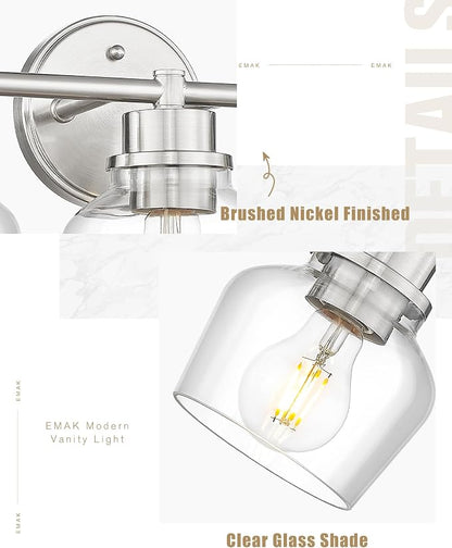 Emak Bathroom Light Fixtures Over Mirror, Brushed Nickel Vanity Light with Clear Glass Shade, 3-Light Vanity Lights for Bathroom, Mirror, Makeup Desk, VL122-BN-CG-3