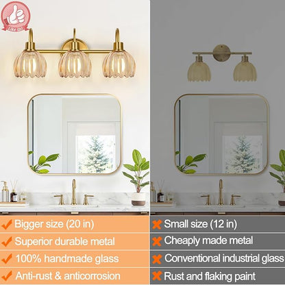Bathroom Light Fixtures, 3-Light Brushed Gold Vanity Lights for Bathroom with Ribbed Amber Tulip Glass Shade, 20 in Bathroom Vanity Lights Over Mirror for Bedroom, Living Room, Hallway