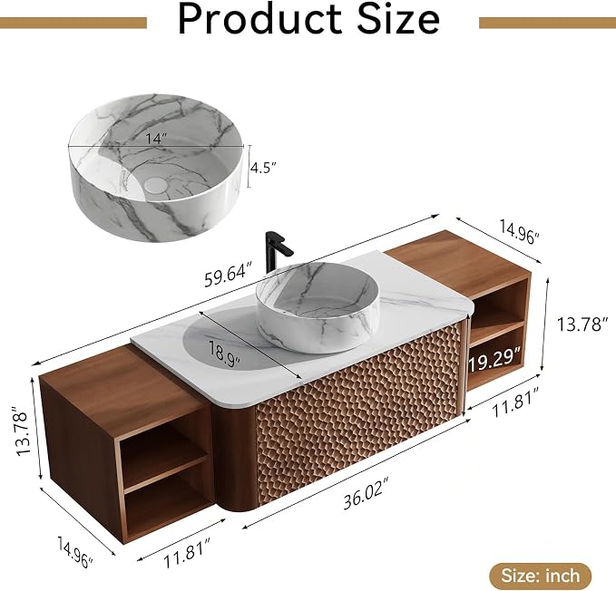 60 Inch Modern Bathroom Vanity with Ceramic Sink, Floating Bathroom Sink Cabinet with Sintered Stone Top&Solid Wood Hammered Frame, Single Bathroom Vanities w/Soft-Close Drawer&2 Side Open Cube