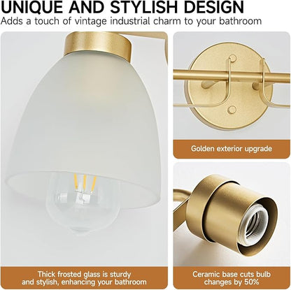 28 Inch Mid-Century Modern Vanity Lights, 4-Light Golden Bathroom Light Fixture with Frosted White Bell Shades, Industrial Wall Sconce for Mirror Over Vanity, Bedroom, Hallway