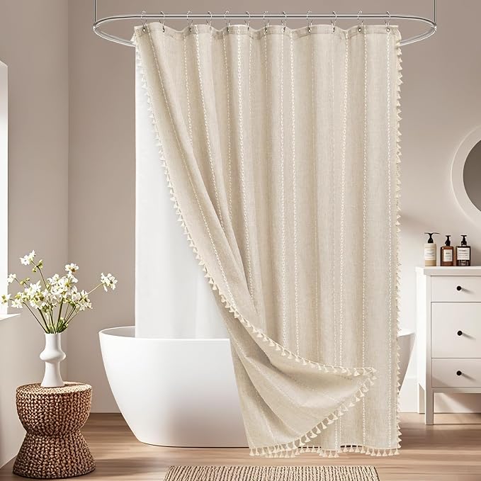 Seenus Boho Farmhouse Shower Curtain and Fabric Liner Set, Heavyweight Linen Textured Fabric Shower Curtain Beige with Tassels, 2 in 1 Waterproof Fabric Shower Curtain Set for Bathroom, 72x72 Inch
