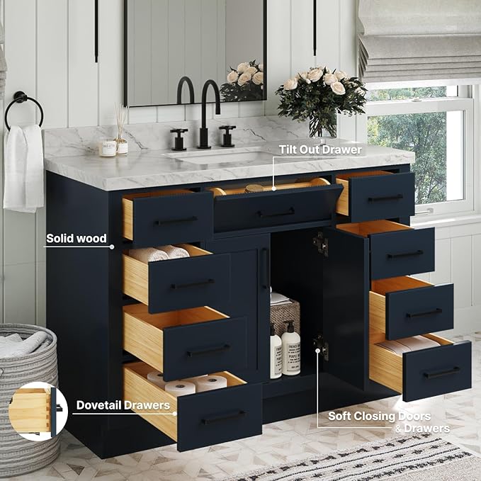 ARIEL Hepburn 48-inch Bathroom Vanity Base Cabinet,Solid Wood, 2 Soft Closing Doors, 9 Dovetail Drawers, Midnight Blue