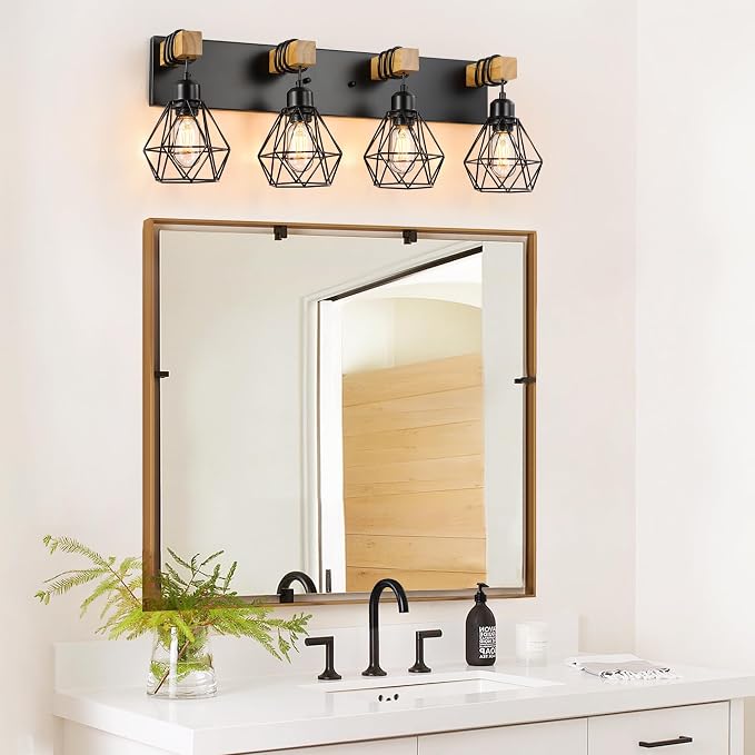 maesta 4 Light Bathroom Vanity Light, Farmhouse Black Fixture Over Mirror | Farmhouse Bathroom Light Fixtures, Wood & Metal, Anti-Rust Easy to Install for Rustic Bathroom Hallway