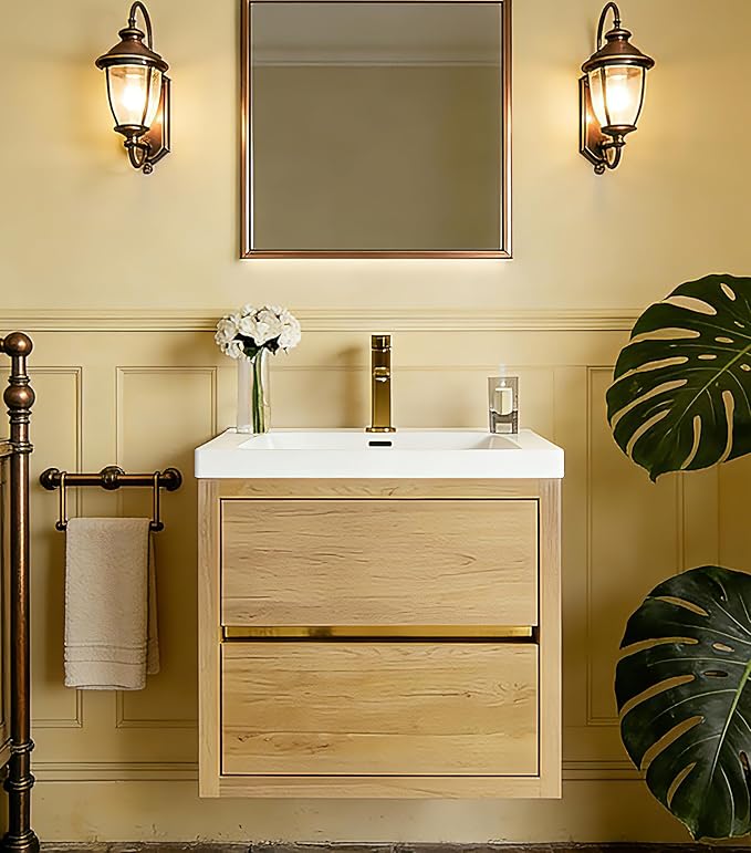 Modern 24" Wall-Mounted Bathroom Vanity with Sink | Floating Storage Cabinet, Stone Resin Countertop, Soft Close Drawers | Natural Oak