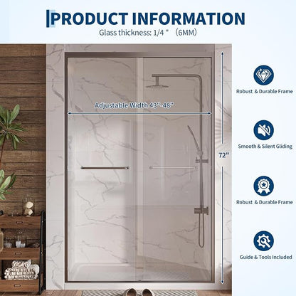 Garvee 43-48" W x 72" H Sliding Shower Door, 1/4" Tempered Glass | Trim-to-fit 43-48" openings, 6mm tempered safety glass with coating resists stains & leaks, DIY-install with smooth glid