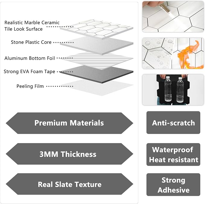 Vamos Tile Long Hexagon Peel and Stick Backsplash Tile - 10 Sheets Stick on Backsplash for Kitchen and Bathroom 12.4 x 12 Inch Glossy Dolomite White PVC Self Adhesive Mosaic Wall Tiles