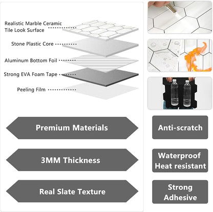 Vamos Tile Long Hexagon Peel and Stick Backsplash Tile - 10 Sheets Stick on Backsplash for Kitchen and Bathroom 12.4 x 12 Inch Glossy Dolomite White PVC Self Adhesive Mosaic Wall Tiles